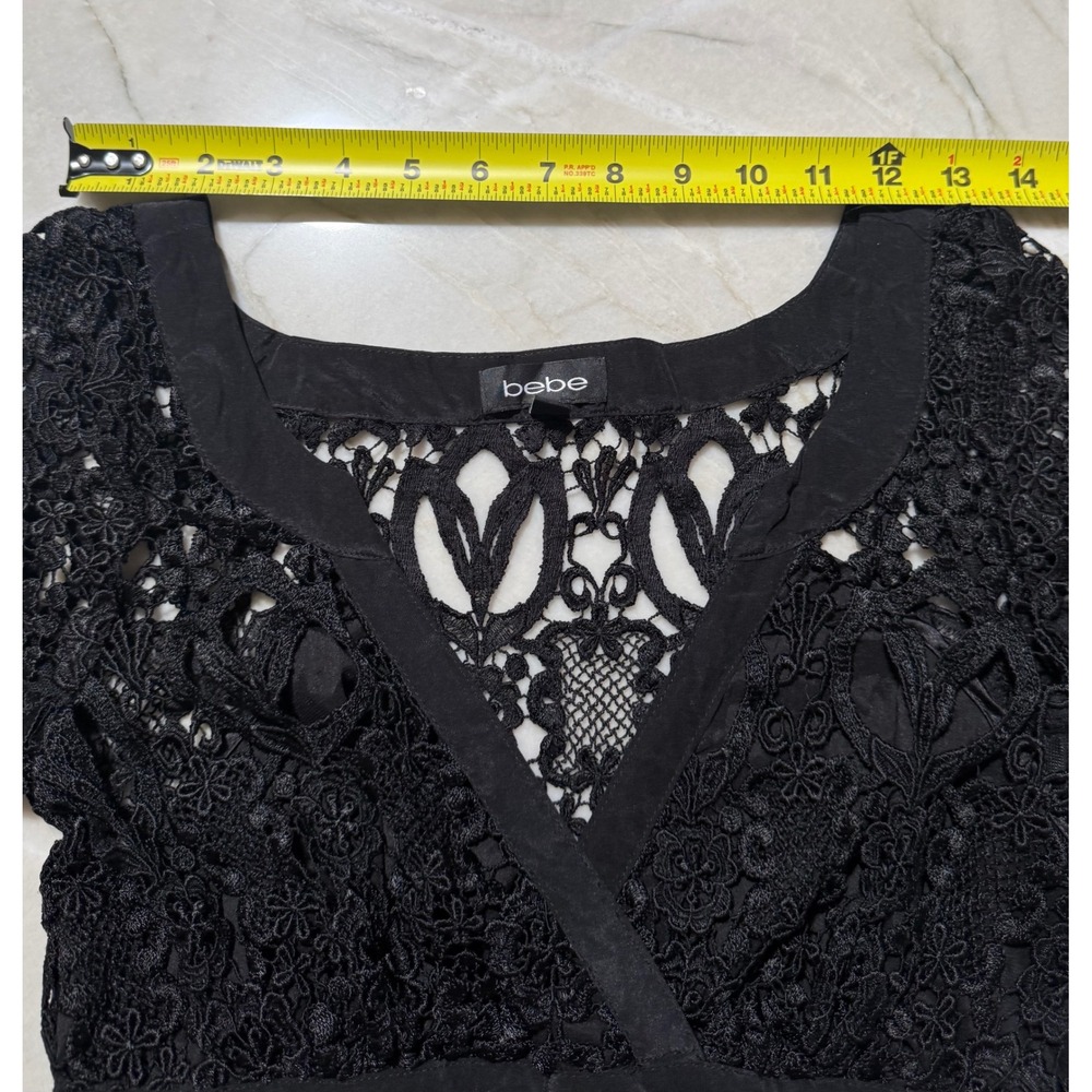 bebe Black Lace Crochet Silk Tiered Ruffle Mini Dress Puff Sleeve Womens Size XS - Picture 12 of 16